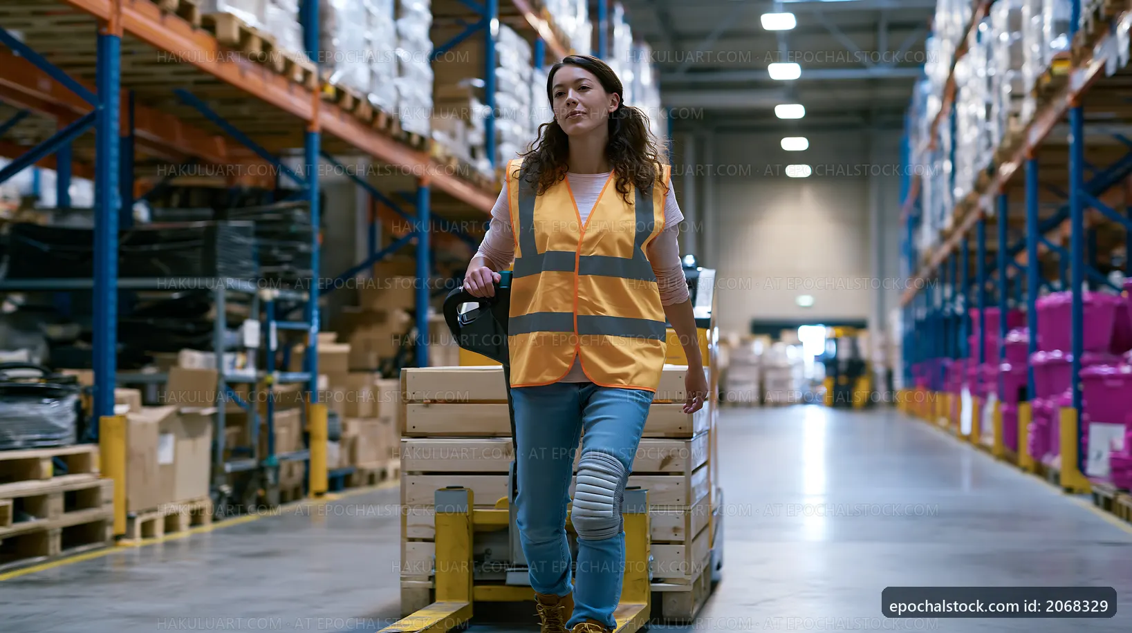 Woman walking in warehouse with cart filled with goods