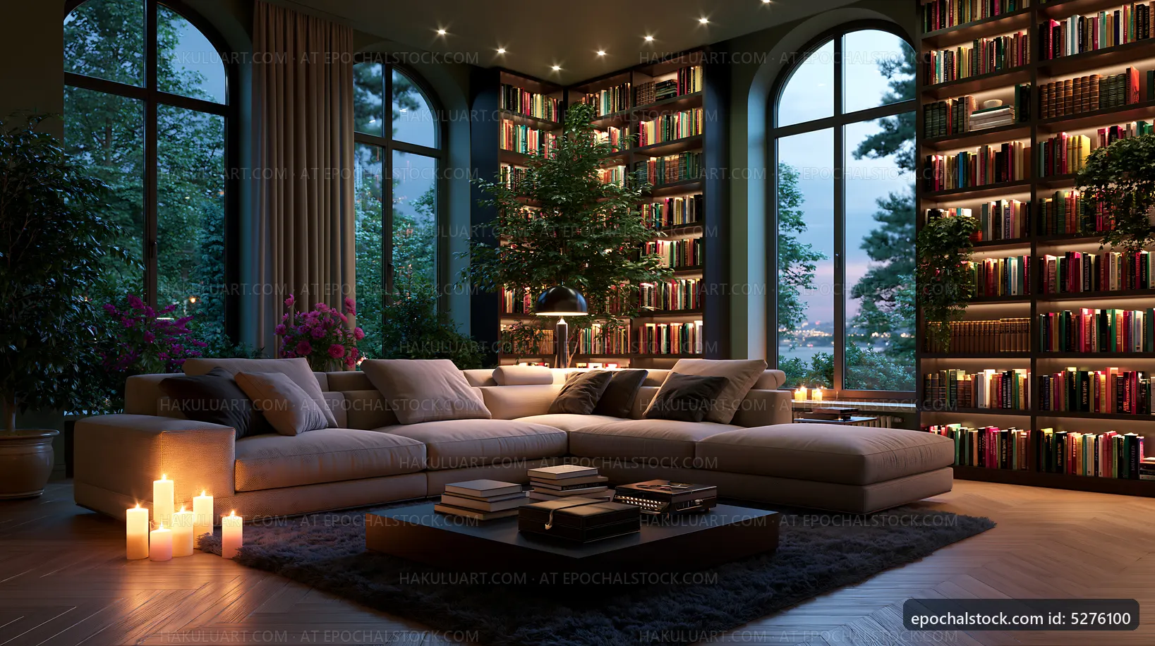 Cozy living room with a large bookshelf and candles at dusk