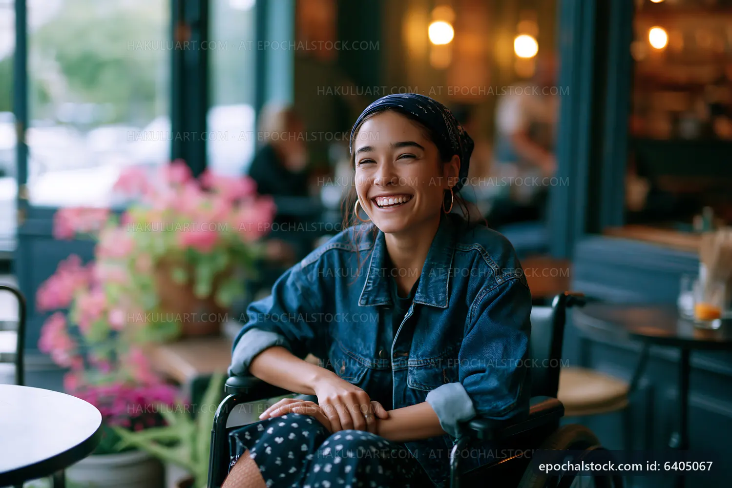 Young woman smiling in wheelchair at a cafe