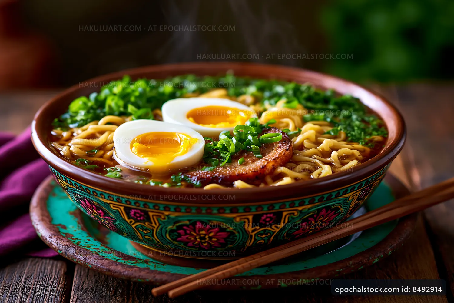 Warm bowl of noodles with eggs and herbs on wooden table