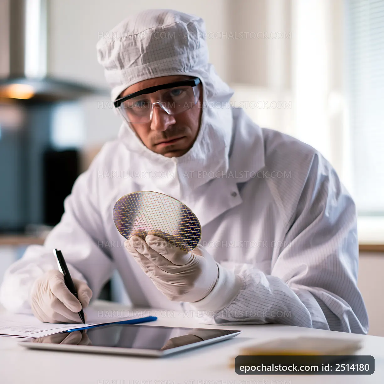 Scientist examining silicon wafer in clean room