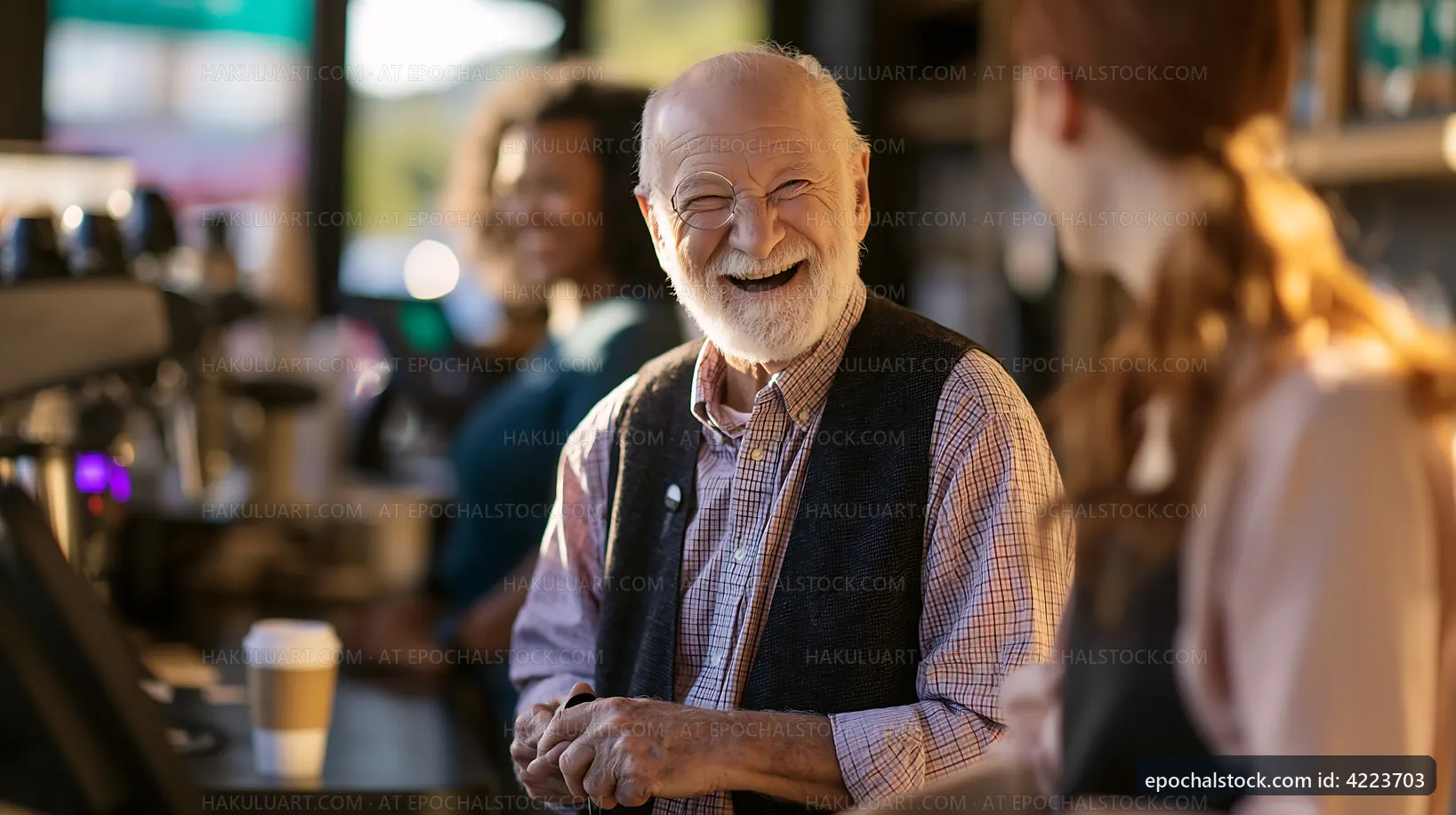 Happy elderly man chatting with barista in coffee shop