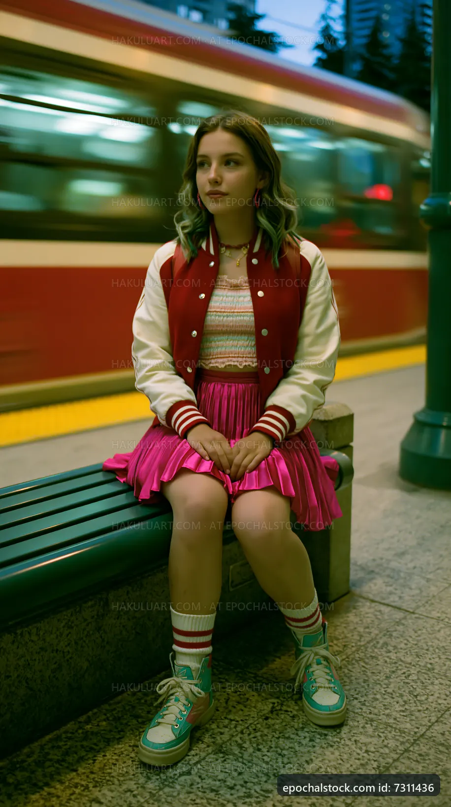 Girl sitting on a bench at a subway station with a moving train