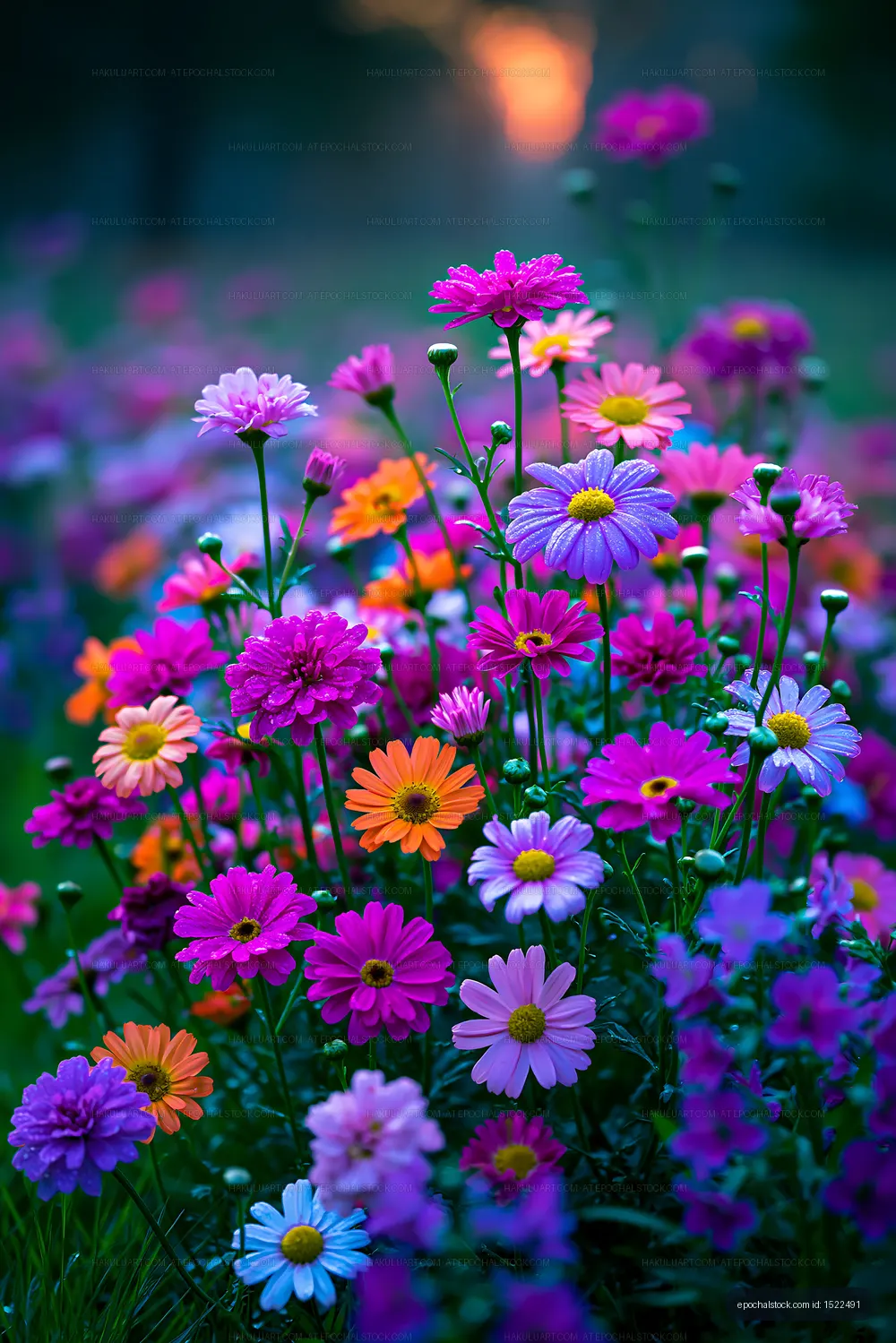 Colorful flower field during sunset in spring