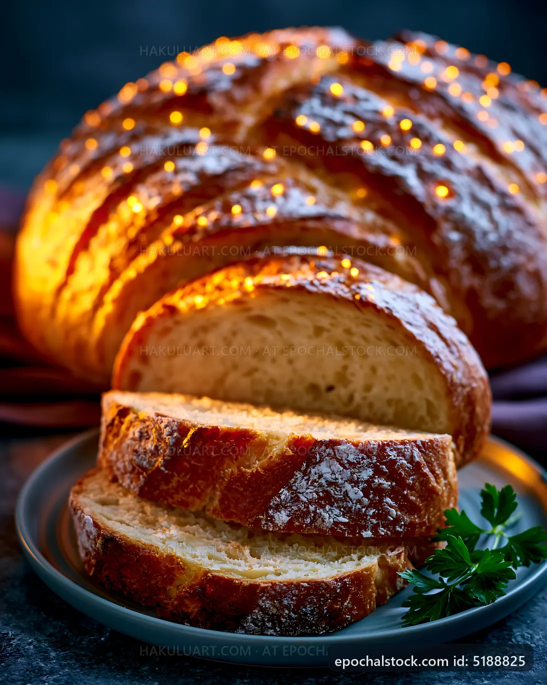 Freshly baked bread with slices on a plate