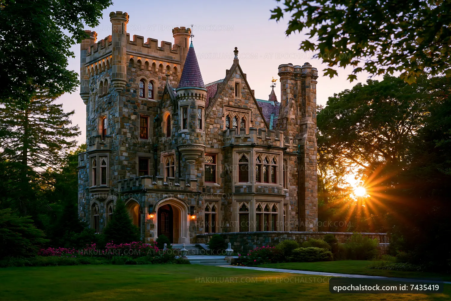 Castle at sunset with trees in the foreground and light rays