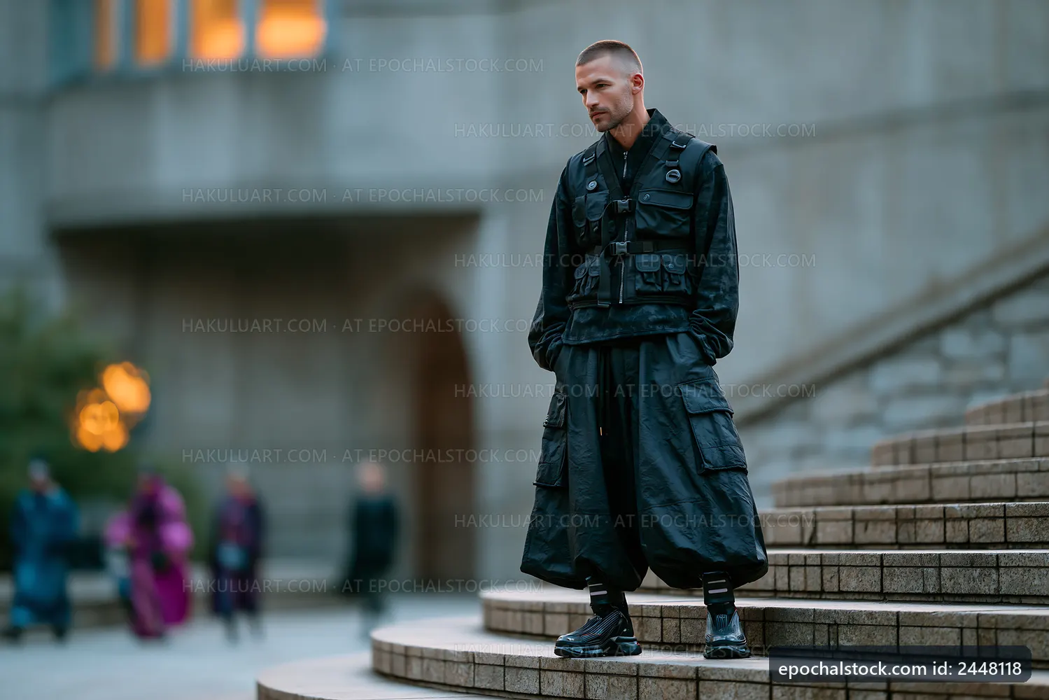 Man in black outfit standing on steps in urban setting