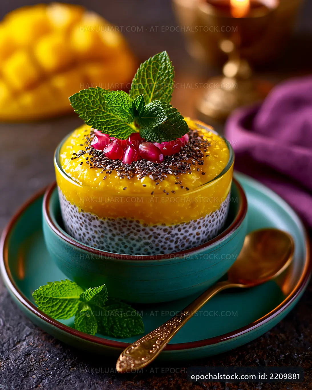 Chia pudding with mango and raspberry on a dark countertop