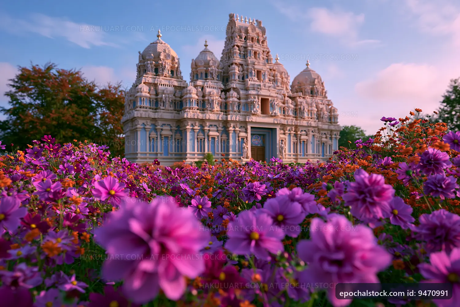 Temple surrounded by colorful flowers in garden setting