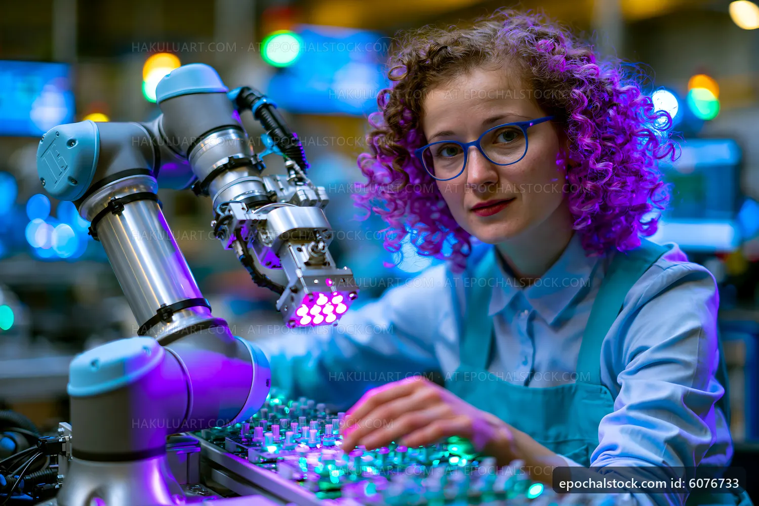 Woman working with robotic arm in a tech lab