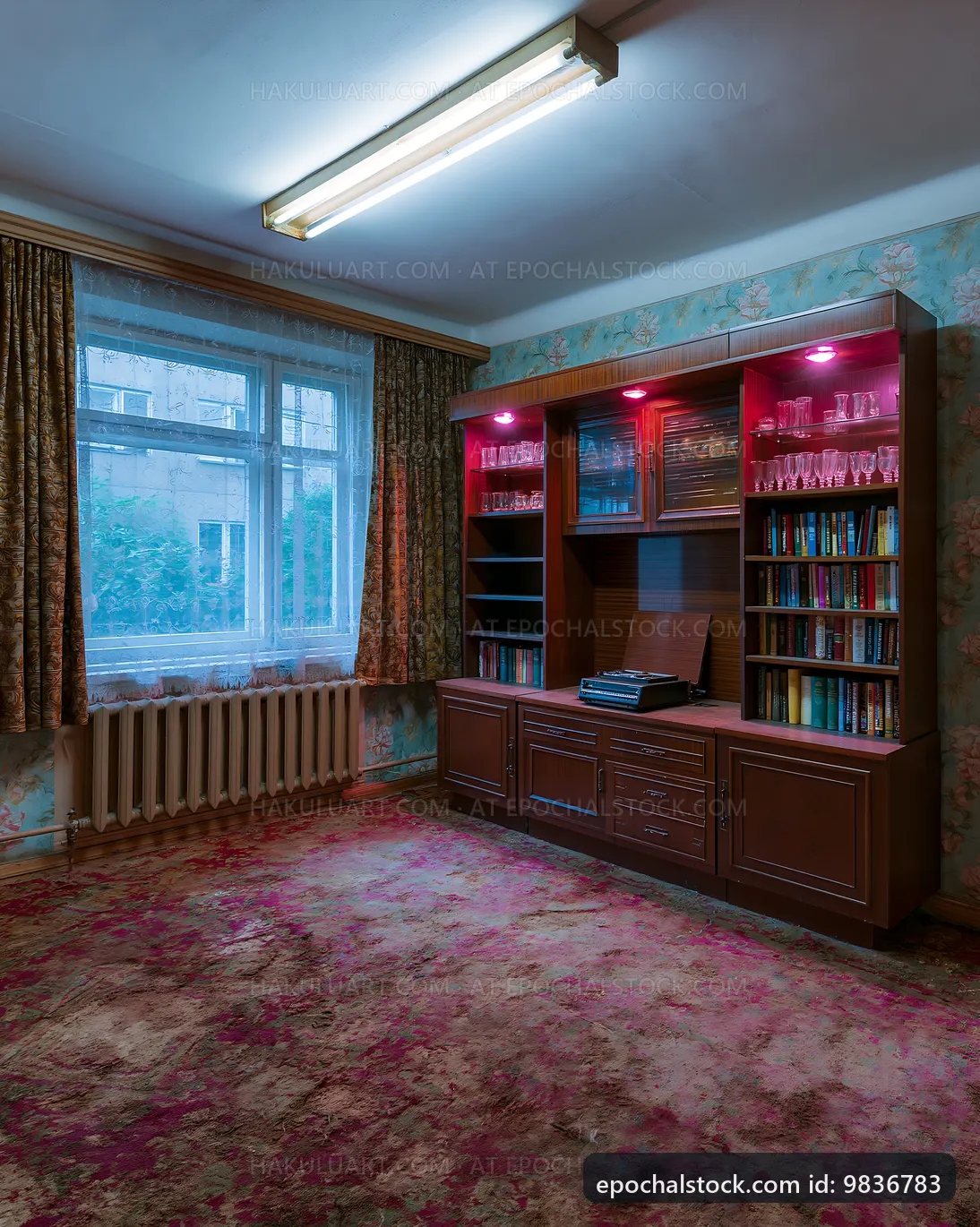 Living room with bookshelf and window in a dimly lit space
