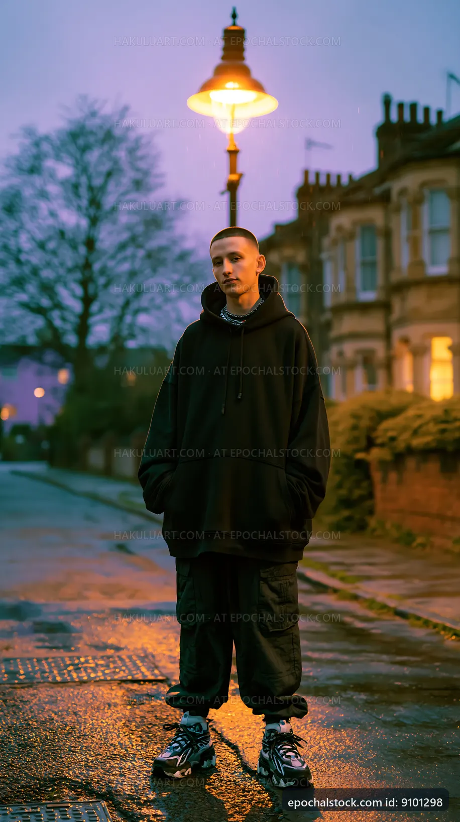 Man standing on wet street near lamp at dusk