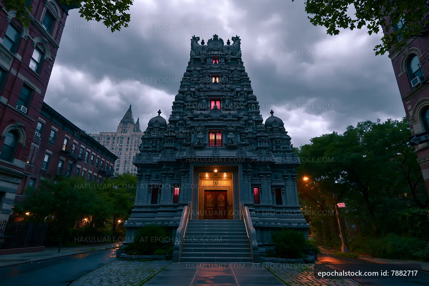 Hindu temple with stone carvings under cloudy sky in city