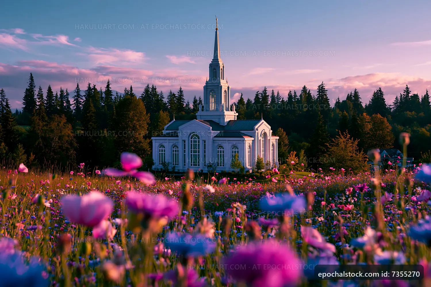 Colorful flowers grow near a church at sunset