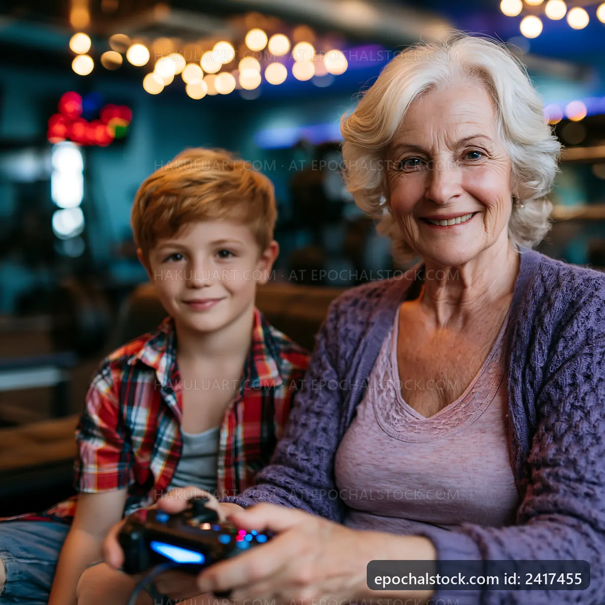 Grandmother and grandson playing video games together