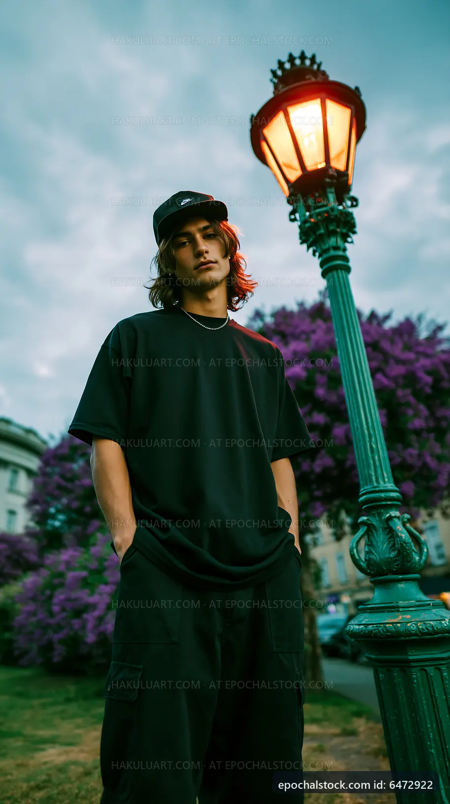 Man standing near a vintage street lamp in a city park