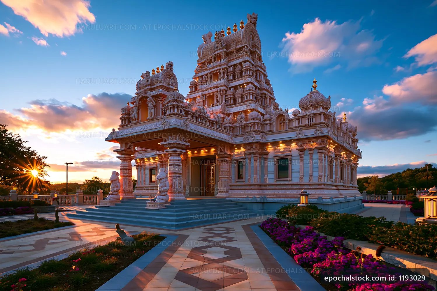 The scene shows an intricately designed temple during sunset