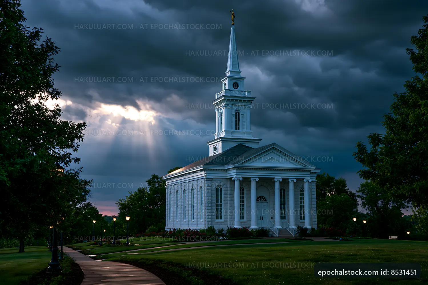 White church under dark clouds with light rays