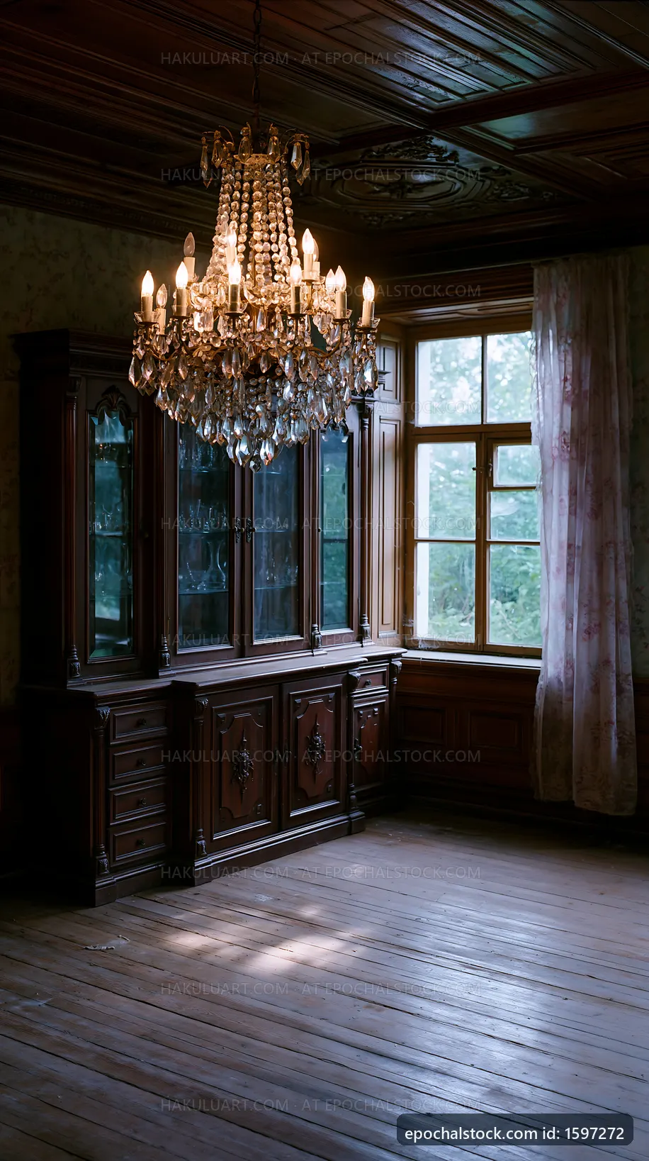 Classic wooden interior with chandelier in a vintage room