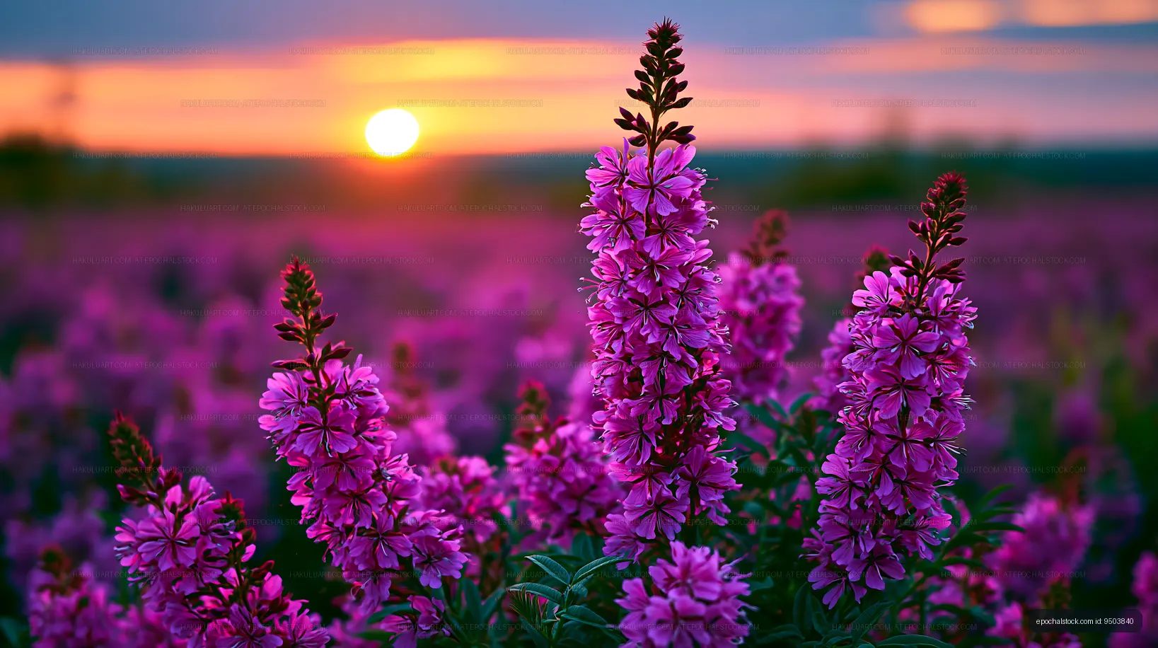 Colorful flowers against a sunset sky in a field
