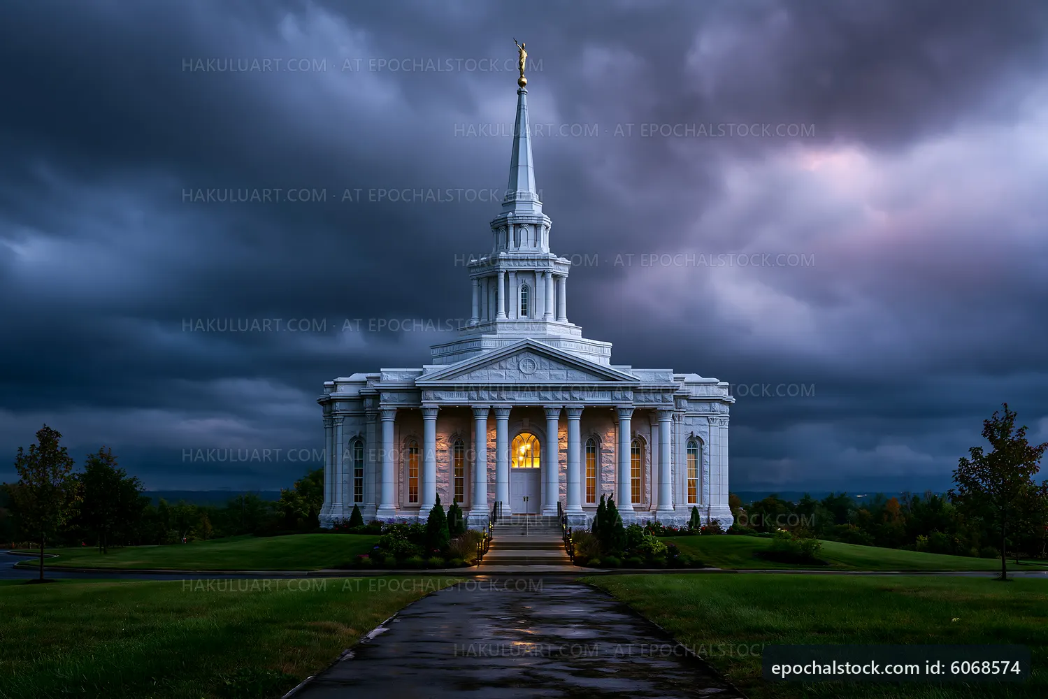 Cloudy sky over a white church building at dusk