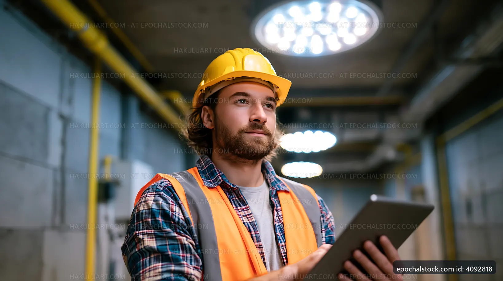 Construction worker using tablet in industrial site
