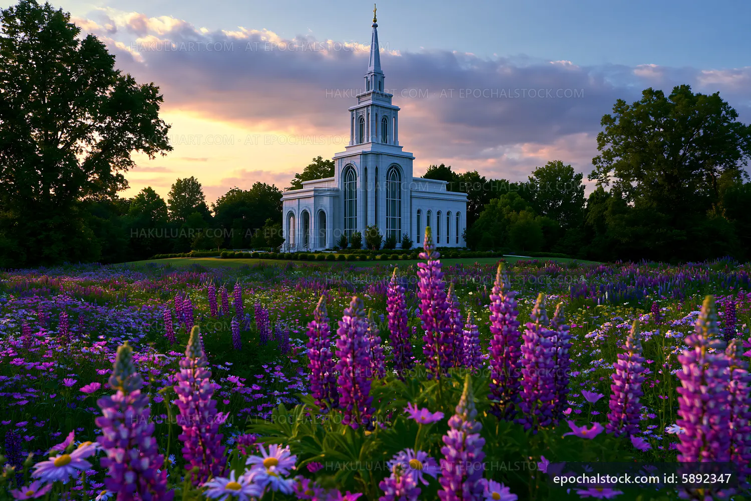 Flower field with a church at sunset
