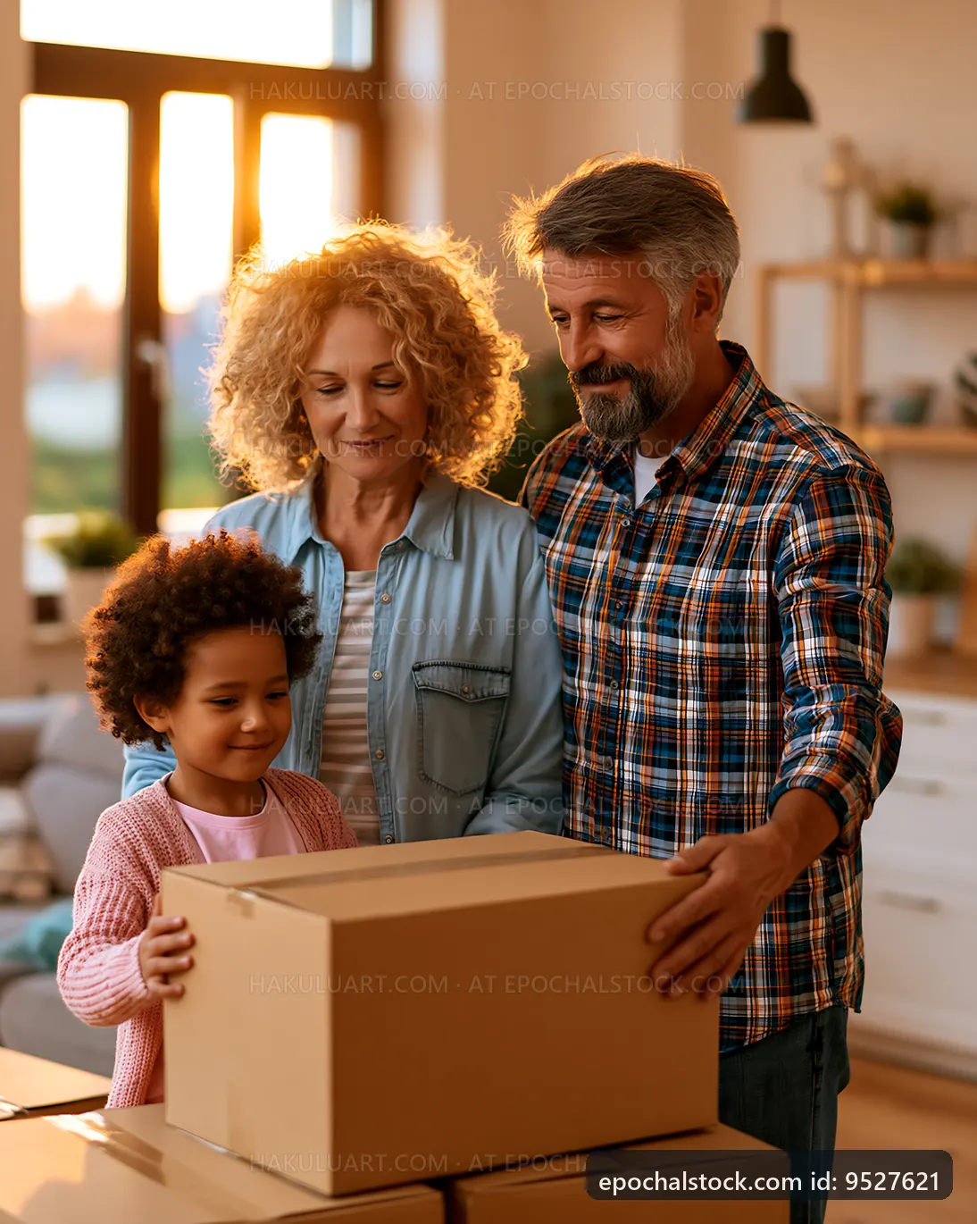Family organizing boxes in living room during sunset