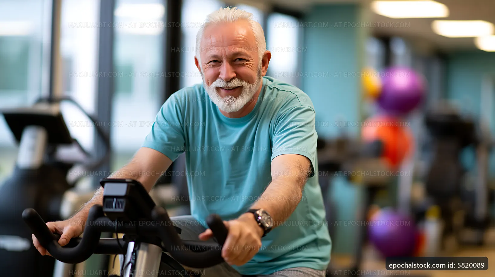 Smiling senior man exercising on stationary bike in gym