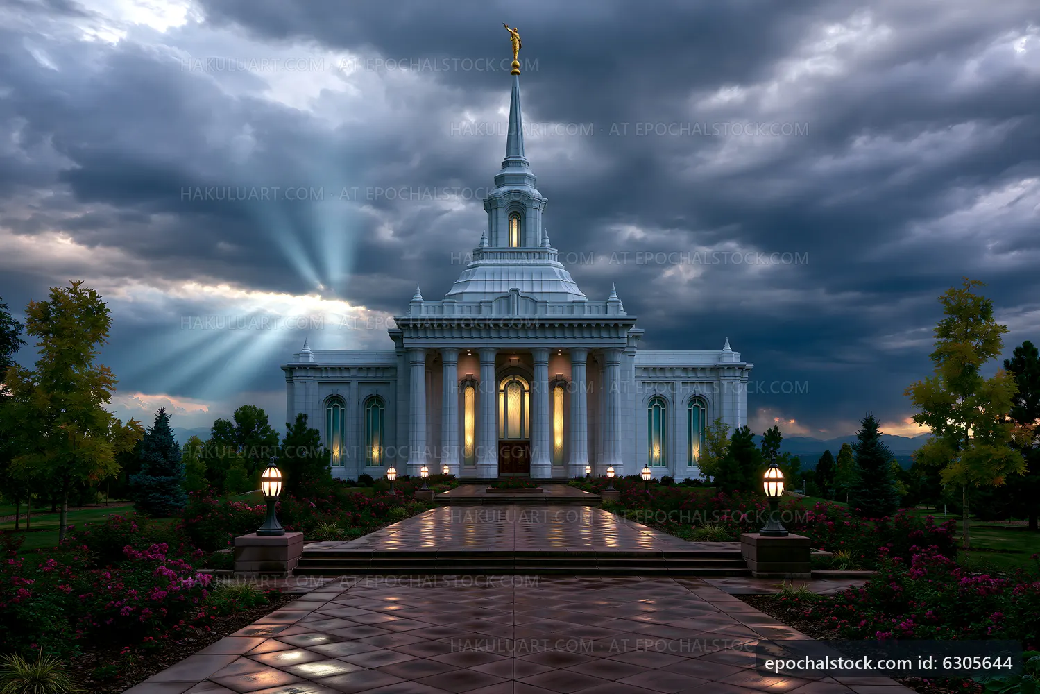 Temple illuminated under a cloudy sky with rays of light