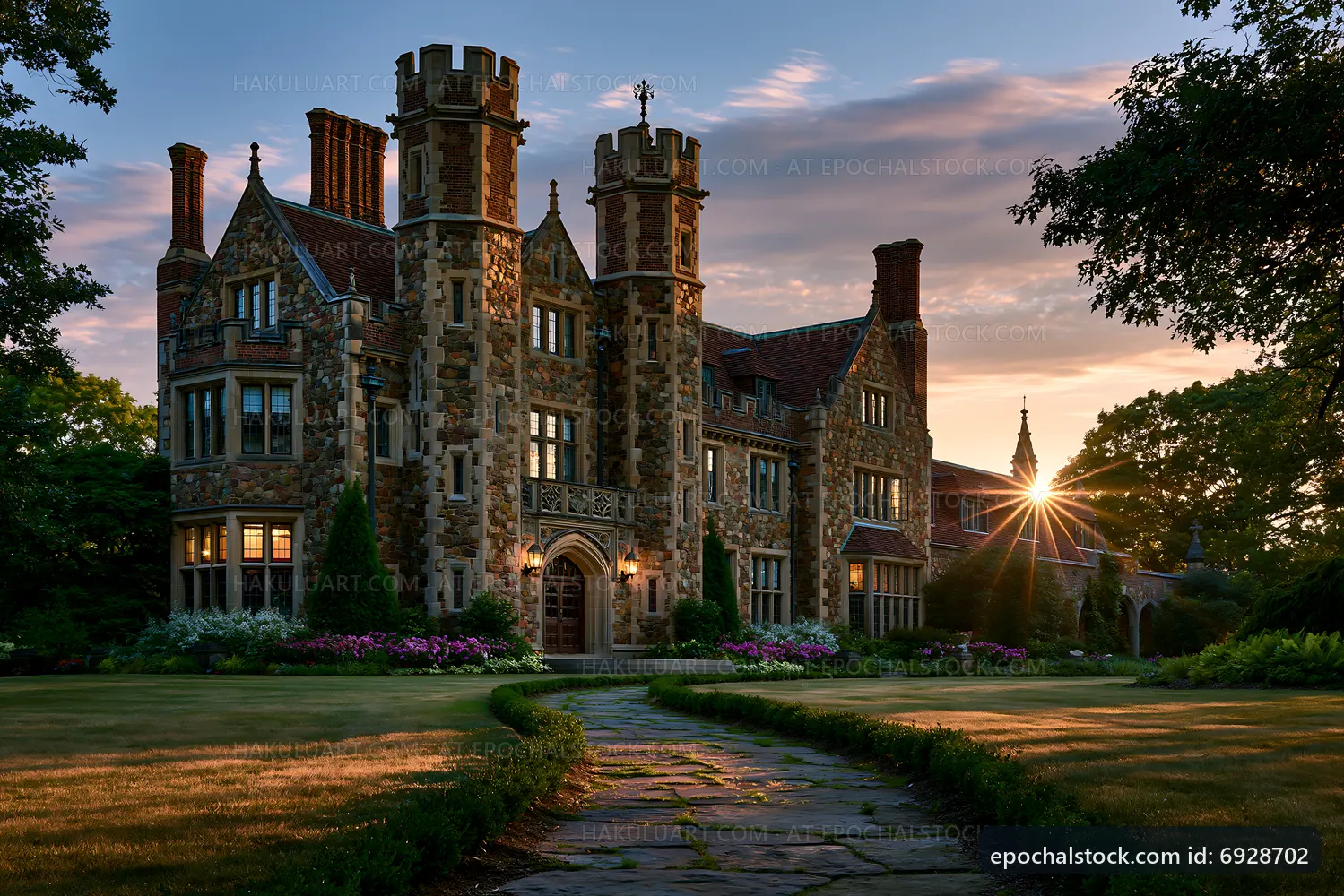 Historic castle at sunset with landscaped garden