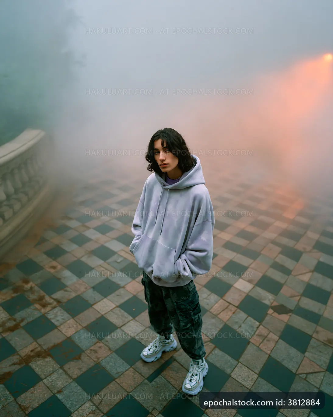 Teen wearing hoodie stands in foggy outdoor area at night