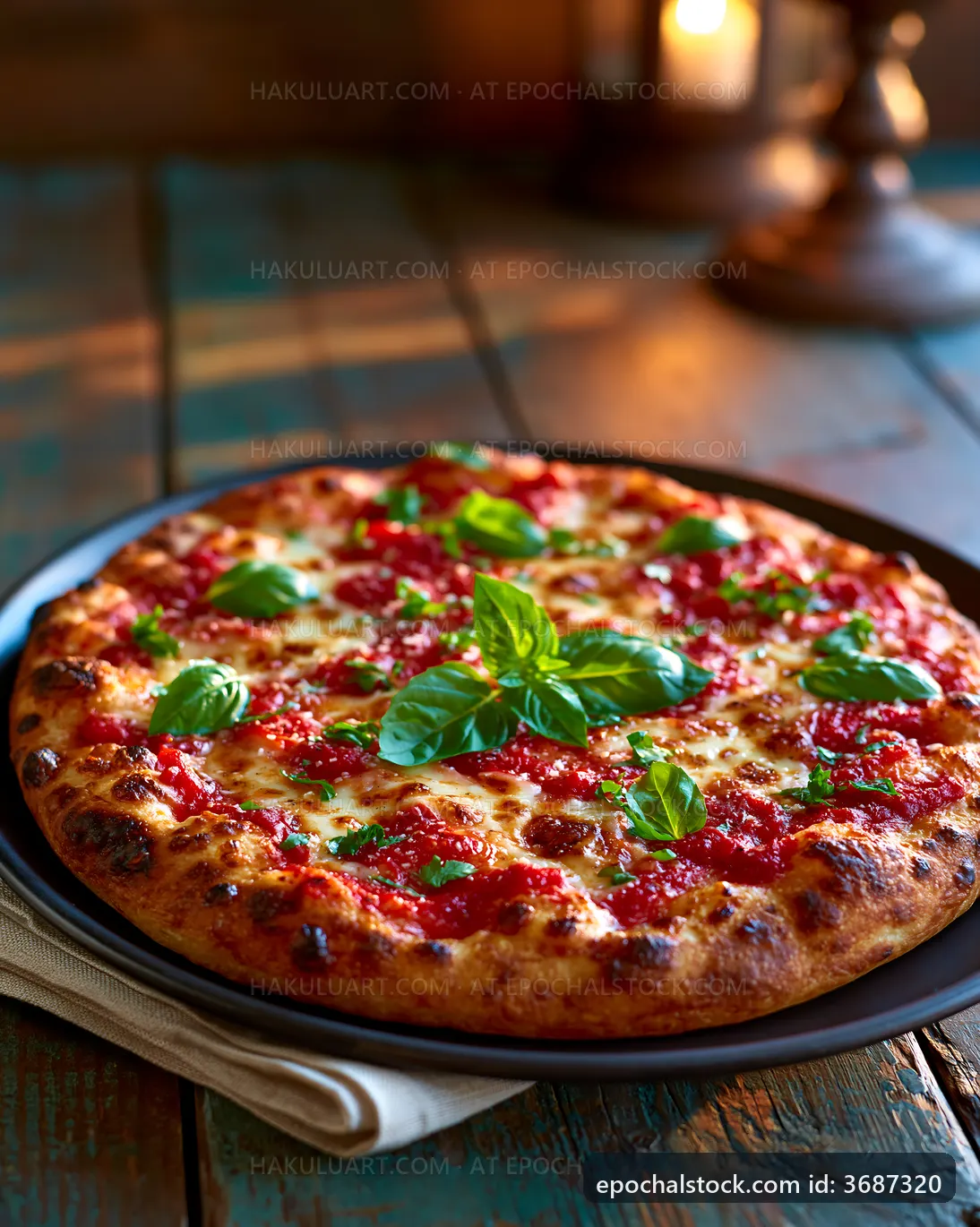 Freshly baked pizza topped with basil on a wooden table