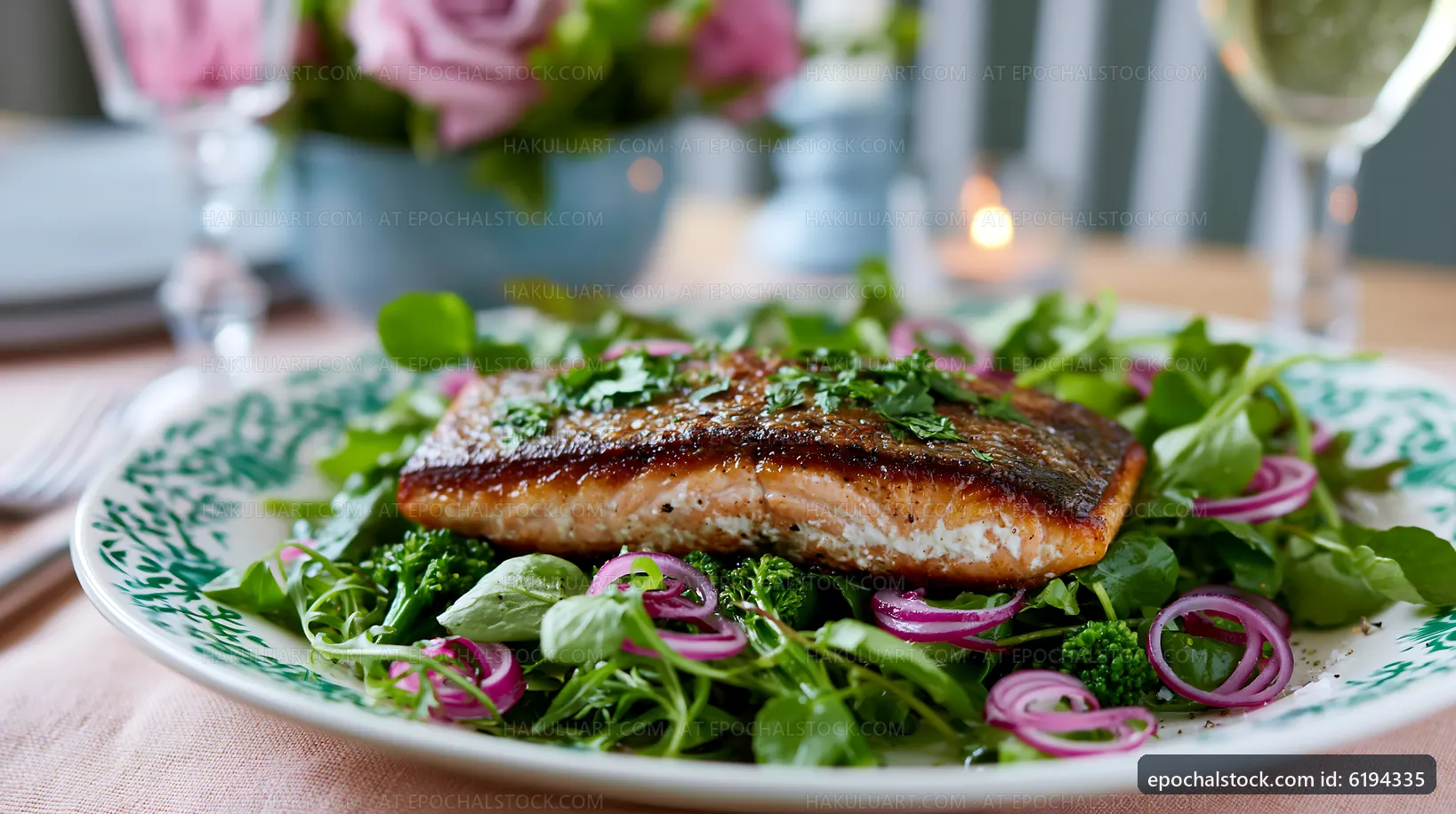Grilled salmon on a bed of greens with pink onions and herbs