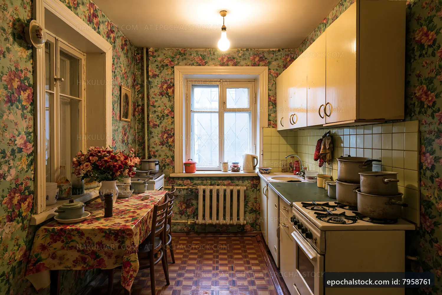 Old-fashioned kitchen with floral wallpaper and cooking items