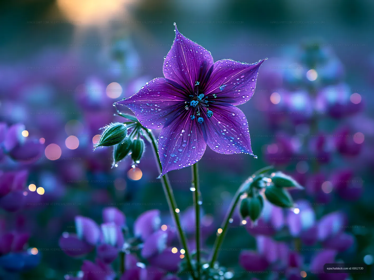 Purple flower with droplets in a field of blooming flowers