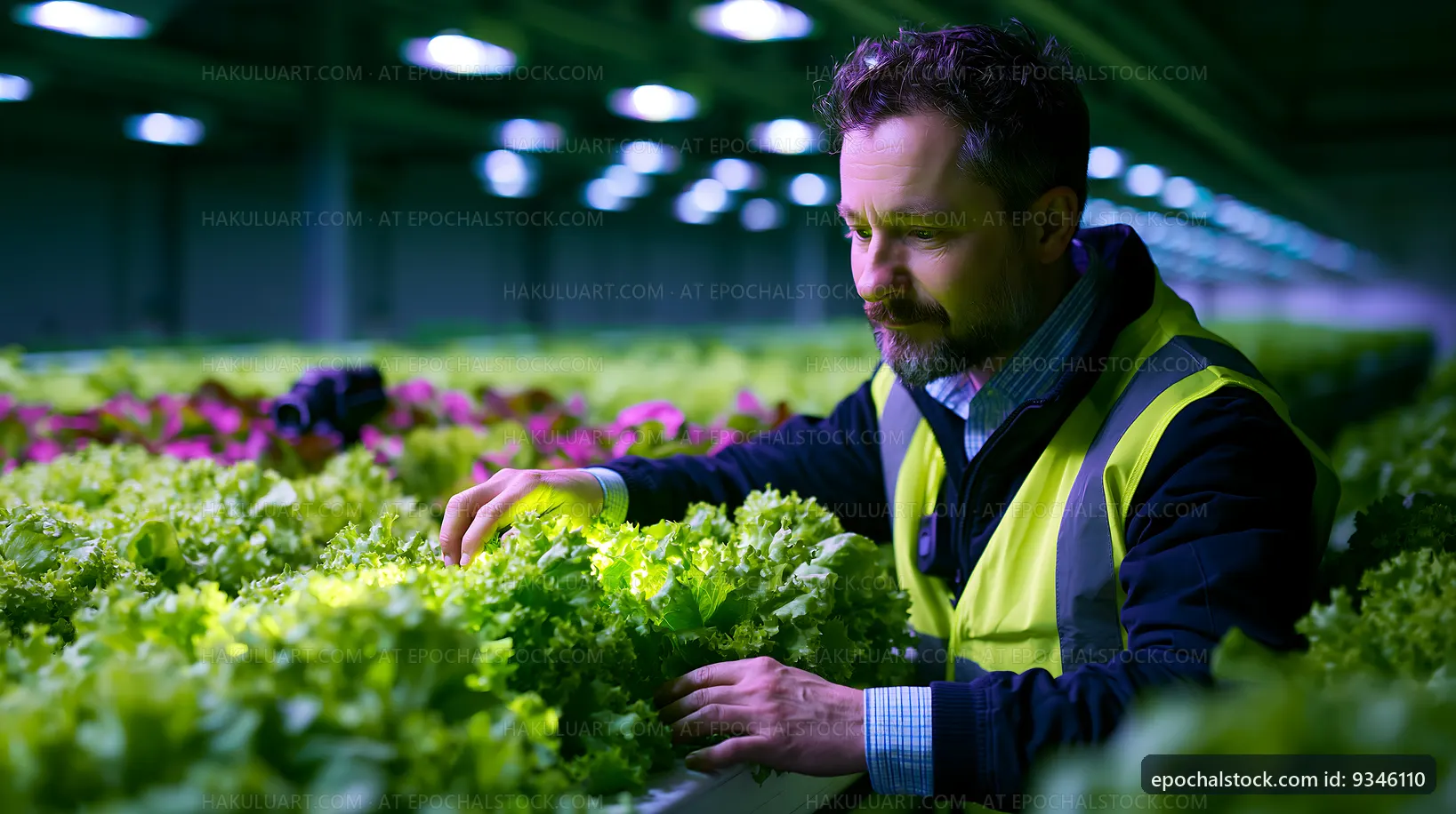Man inspecting green lettuce in indoor farm setting