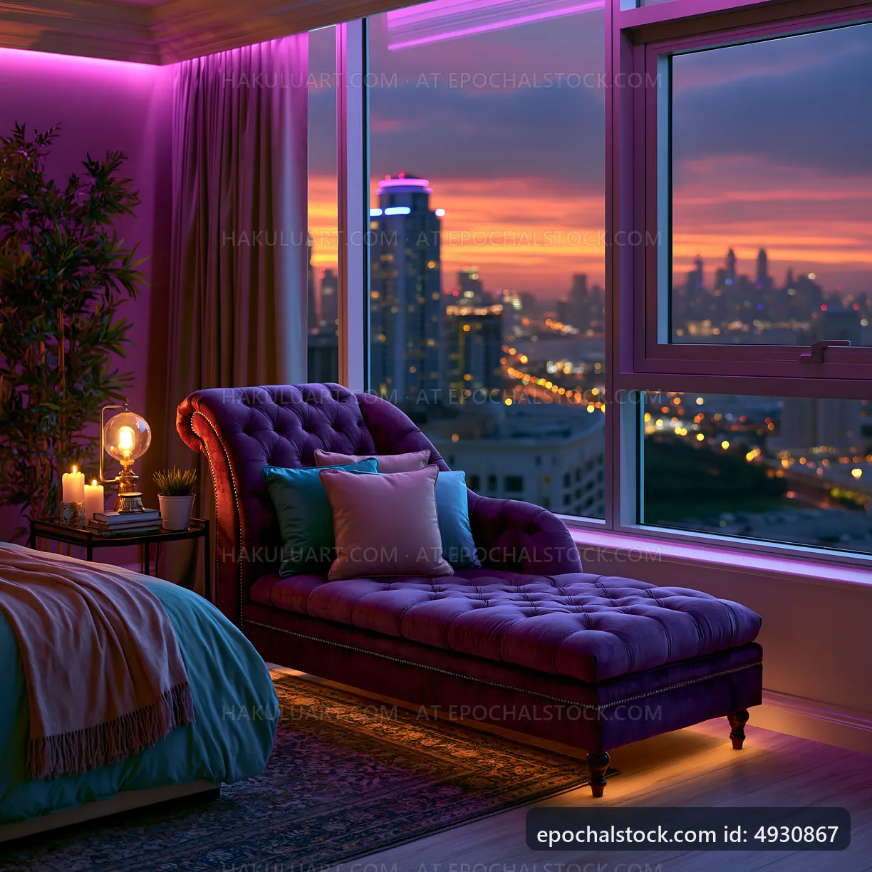 Modern bedroom with purple chaise lounge and city skyline view