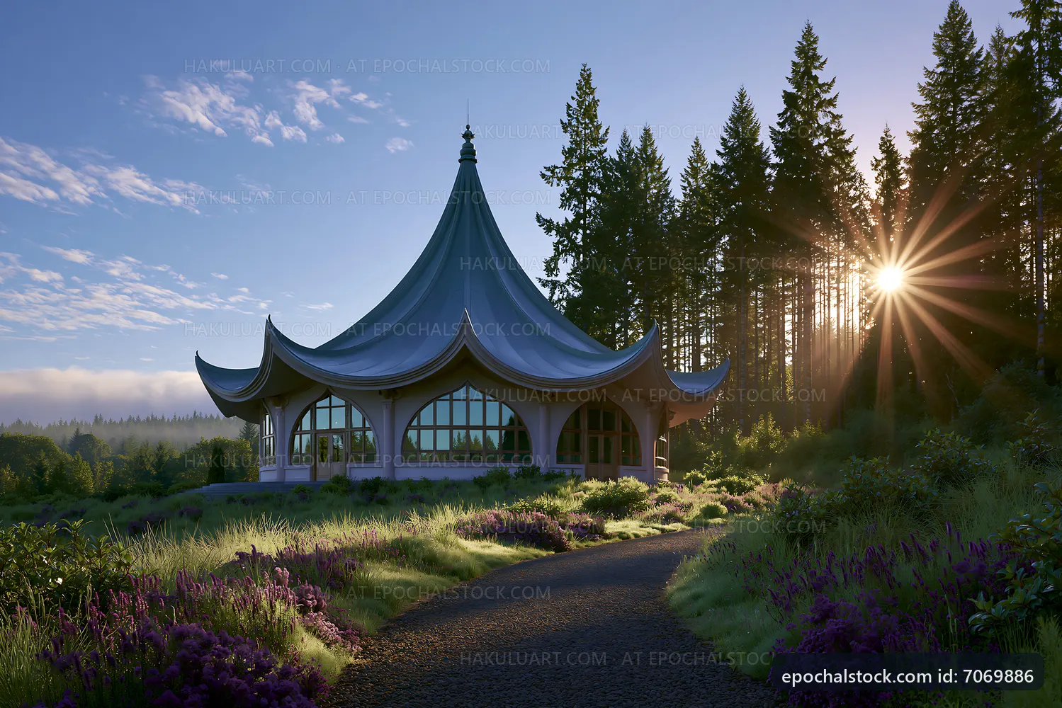 Sunset at a modern building surrounded by trees and flowers