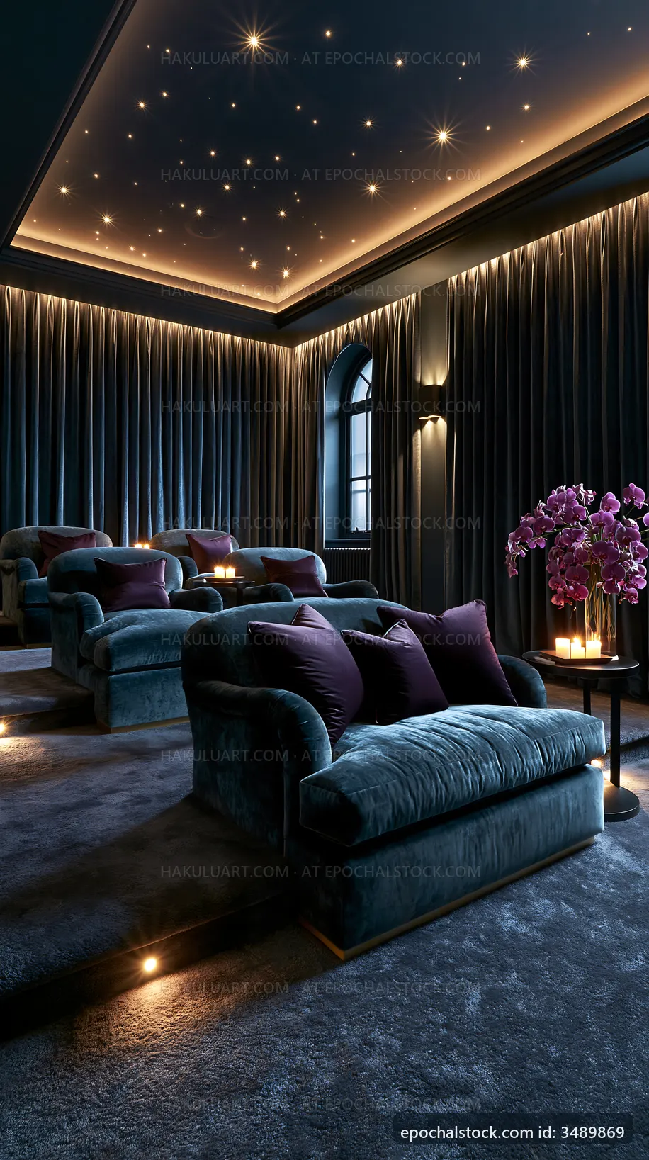 Elegant lounge area with soft seating and ambient lighting