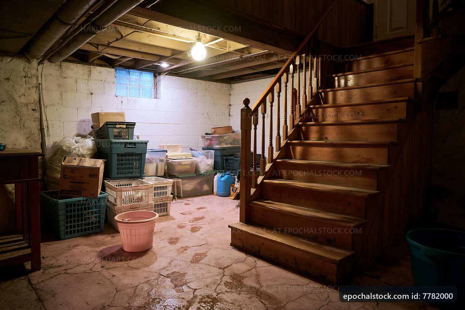 Empty basement with wooden stairs and storage boxes