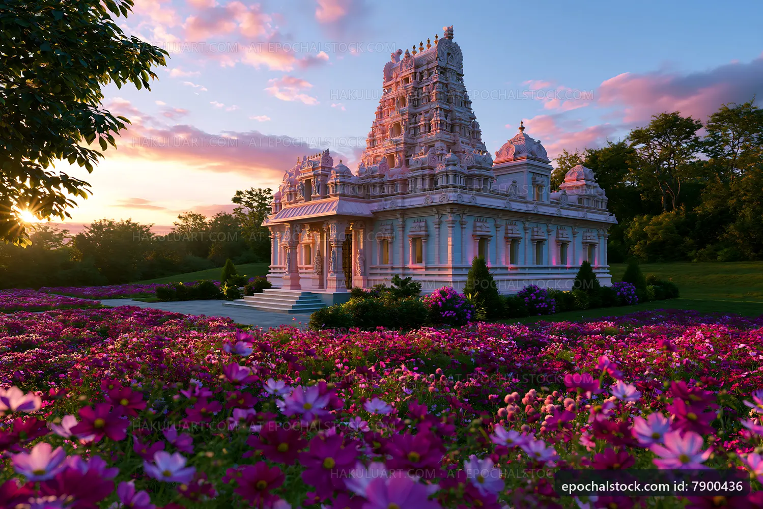 Sunset at a temple surrounded by colorful flowers