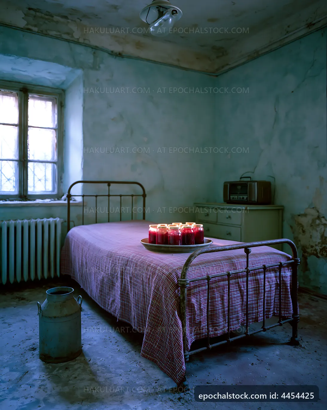 Old bedroom with a bed, candles, and vintage furnishings