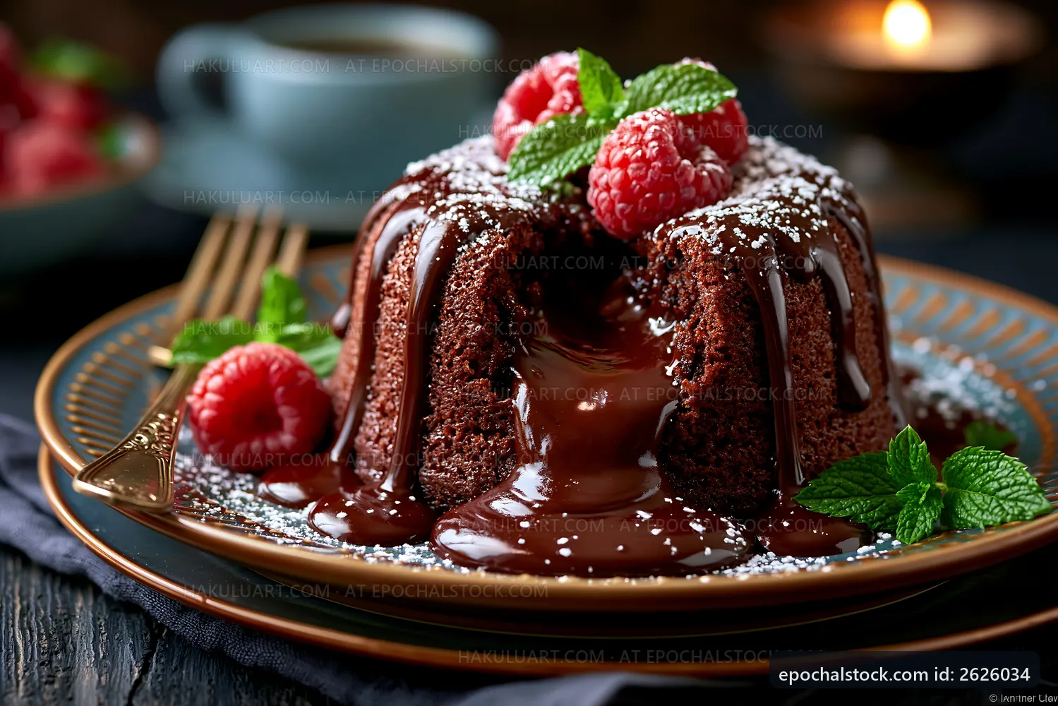 Chocolate lava cake served with raspberries and mint leaves