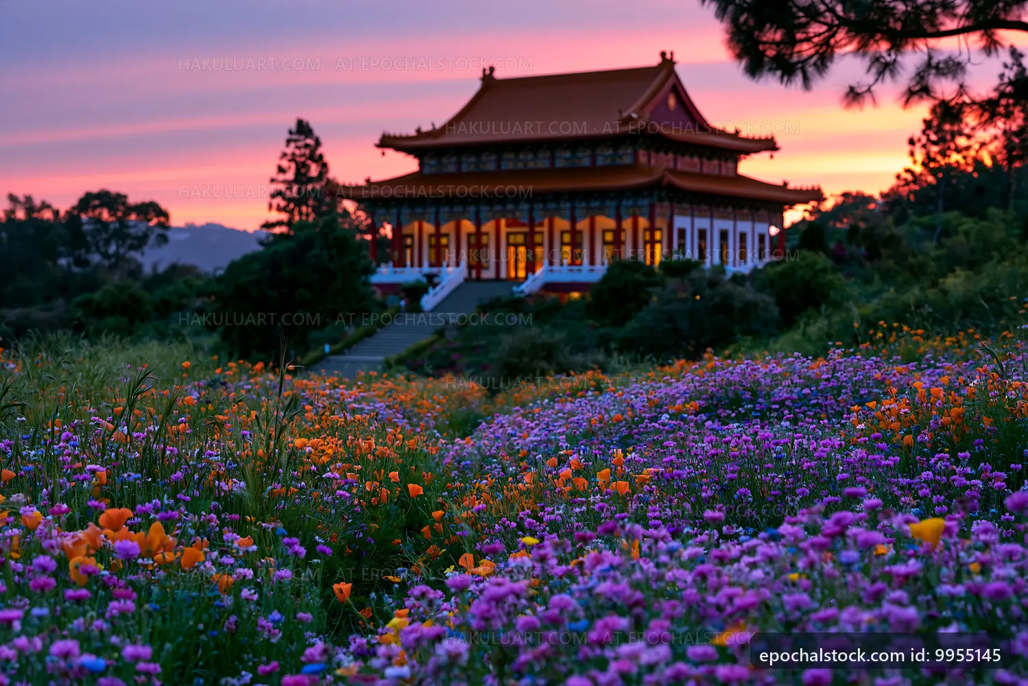 Beautiful temple surrounded by flowers at sunset