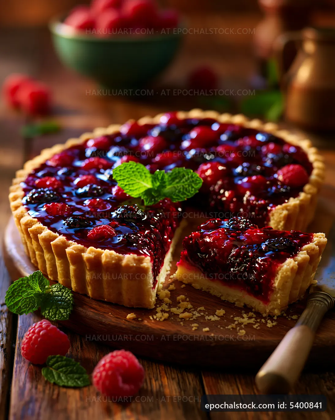 Berry tart on wooden table with fresh mint leaves