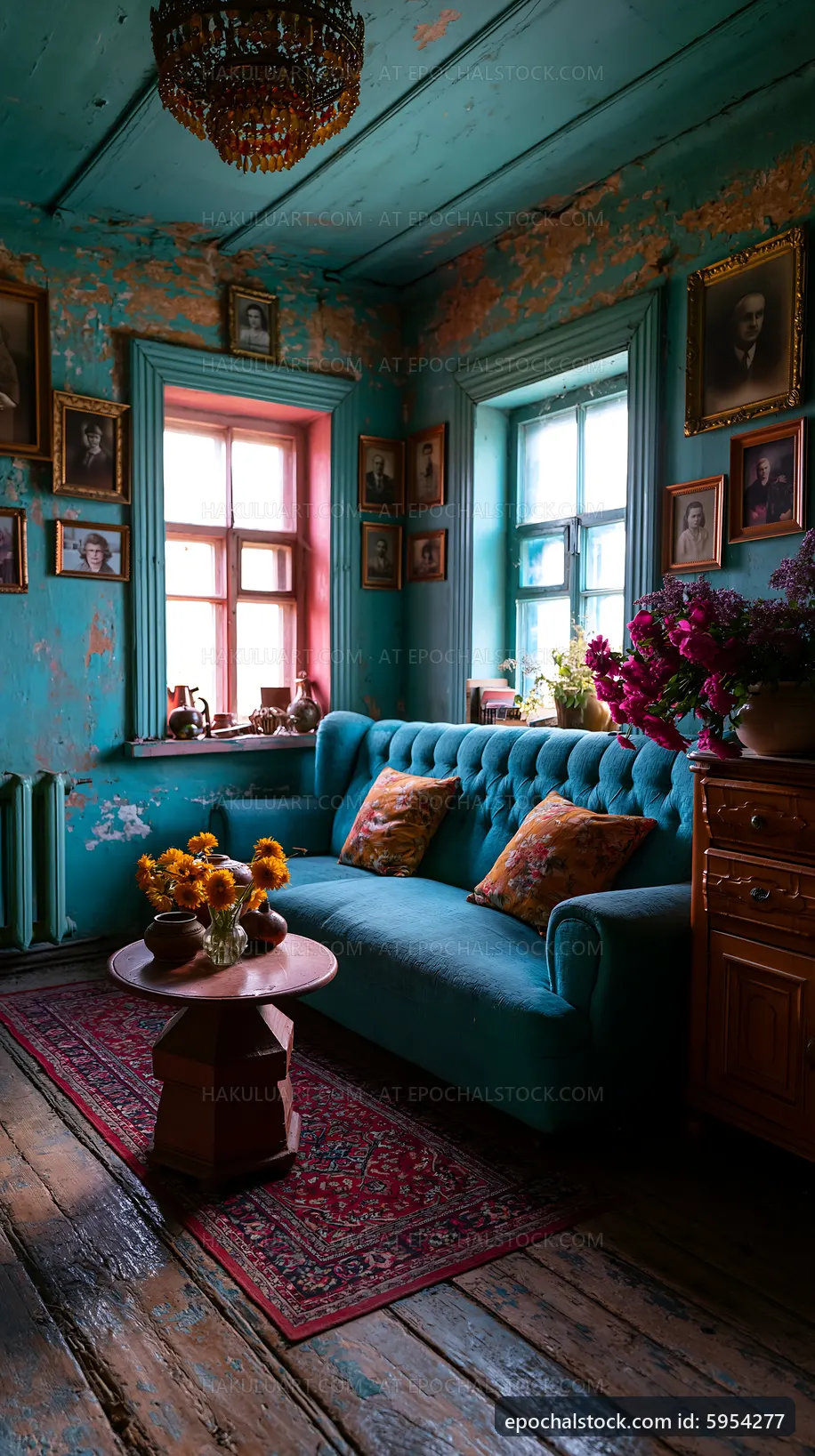 Vintage interior design with blue walls and cozy sofa