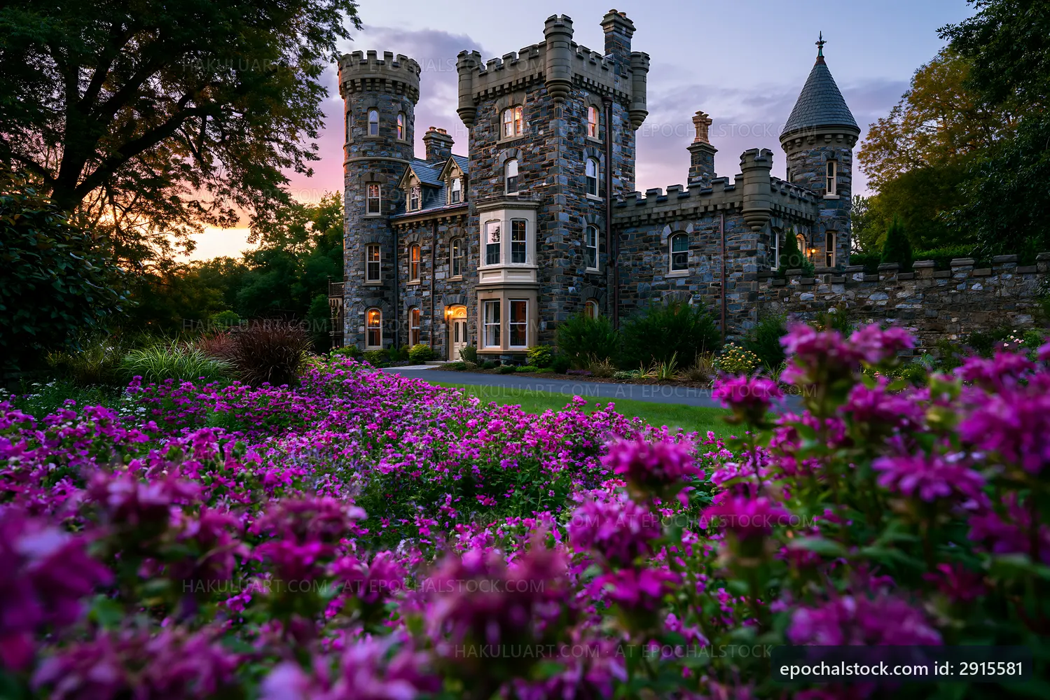 Castle with stone walls and flowers at sunset