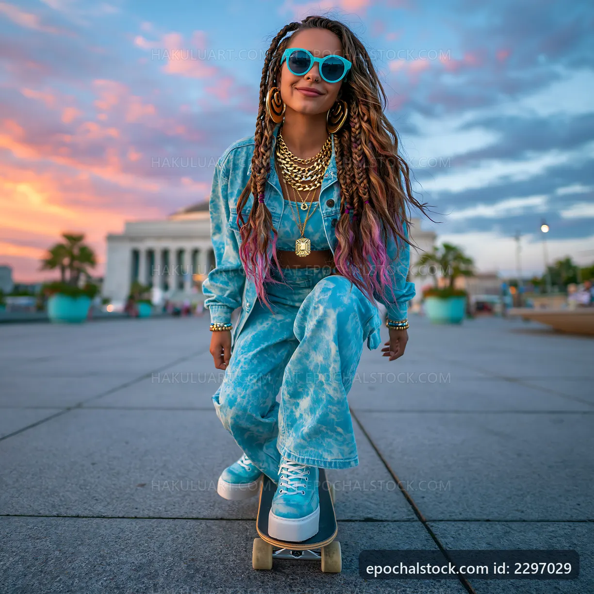 Skateboarder in blue outfit rides at sunset in an urban setting