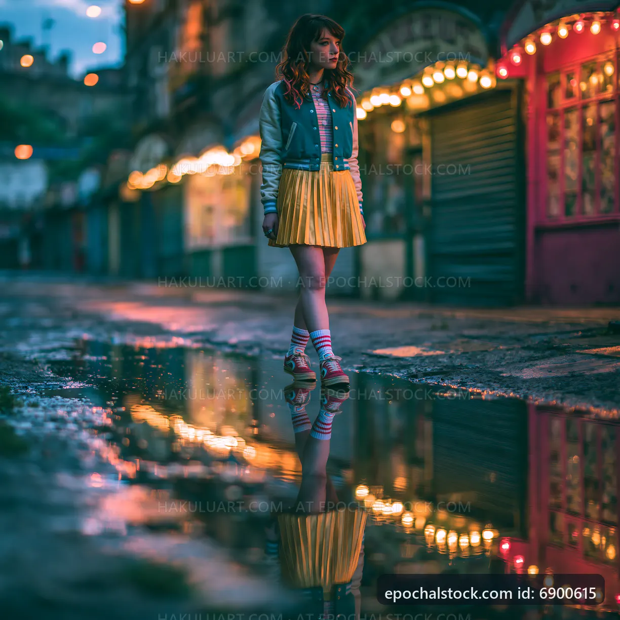 Woman standing in a wet street reflecting lights at night